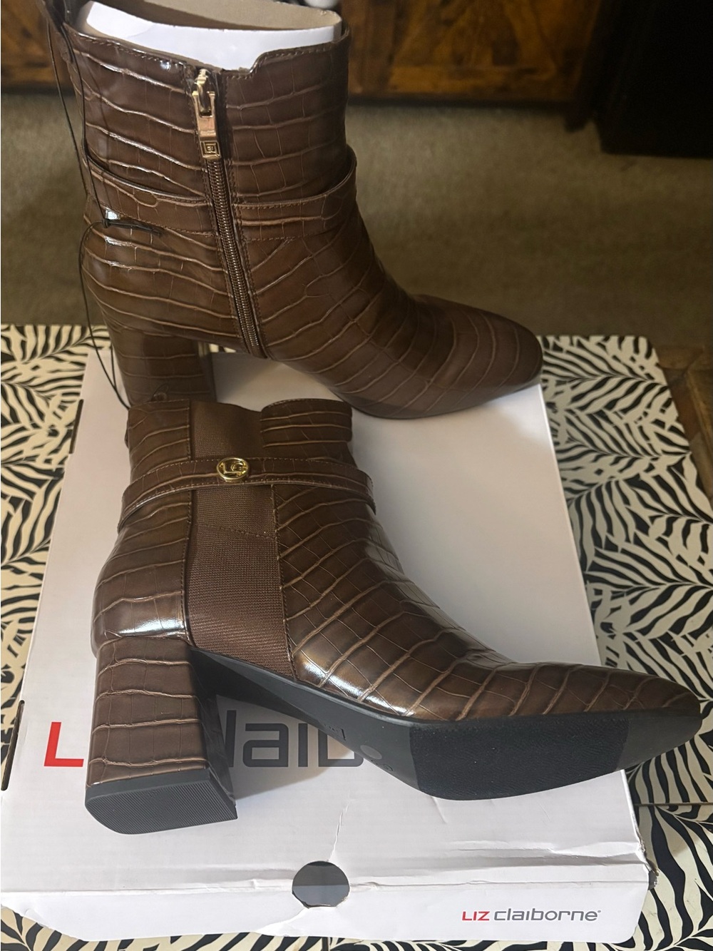 Liz Claiborne Brown Croc-Embossed Mid Heel Ankle Booties